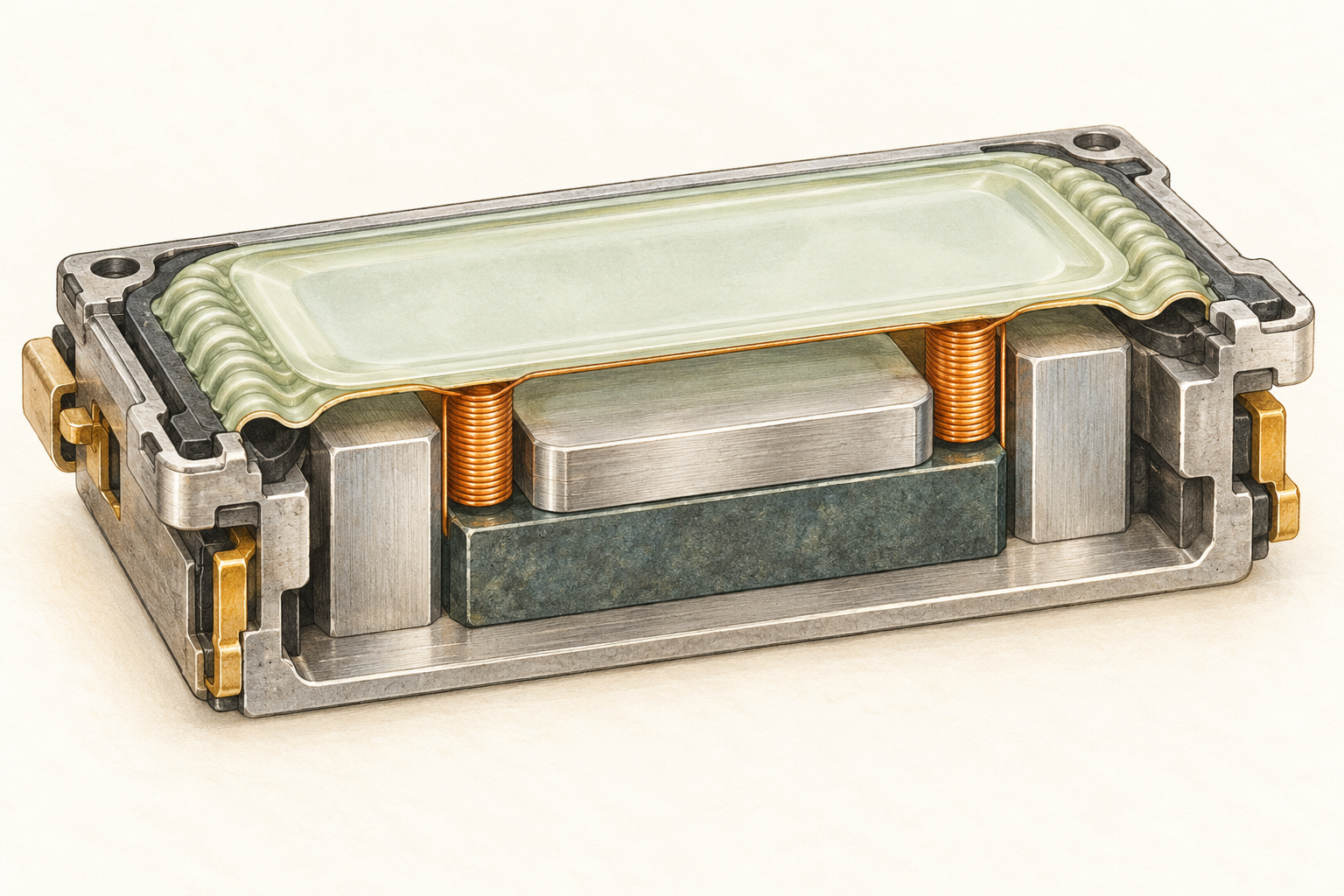 Green and gold cutaway of a conceptual speaker: a pale green film attached to the copper coil in the gaps, distinct fixed iron and permanent magnet beneath.