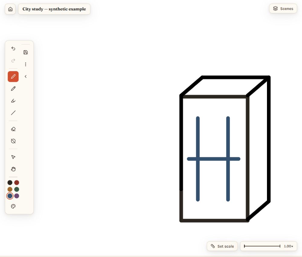 Live bound.less beta showing a synthetic drawing, drawing tools and scale controls